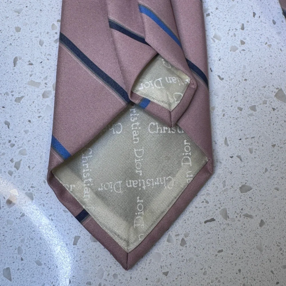 Christian Dior Mens Silk Blend Striped Tie Pink Blue Made in USA Italian Fabric